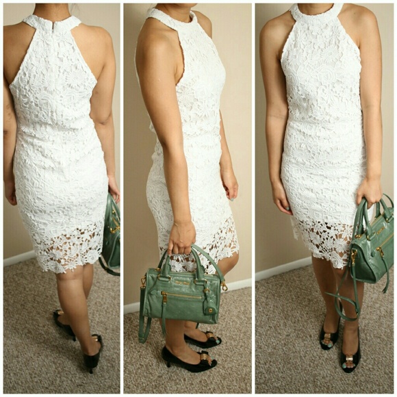 Women's White Floral Lace High Neck Dress S - Picture 6 of 8